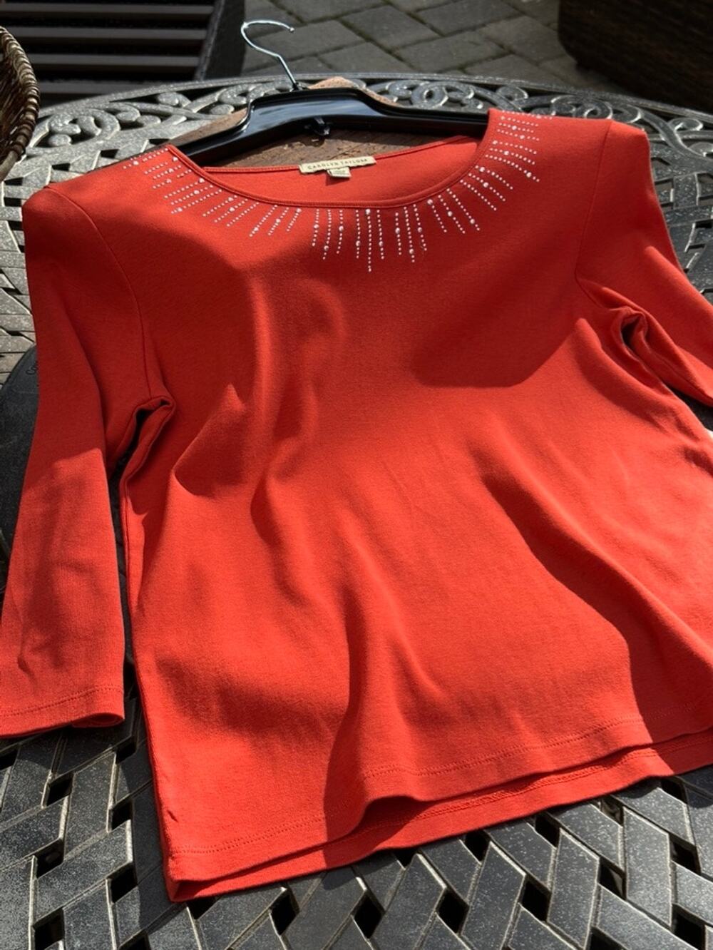 Carolyn Taylor Knit Silver Rhinestone Neckline Top 3 Quarter Sleeve 100 Cotton